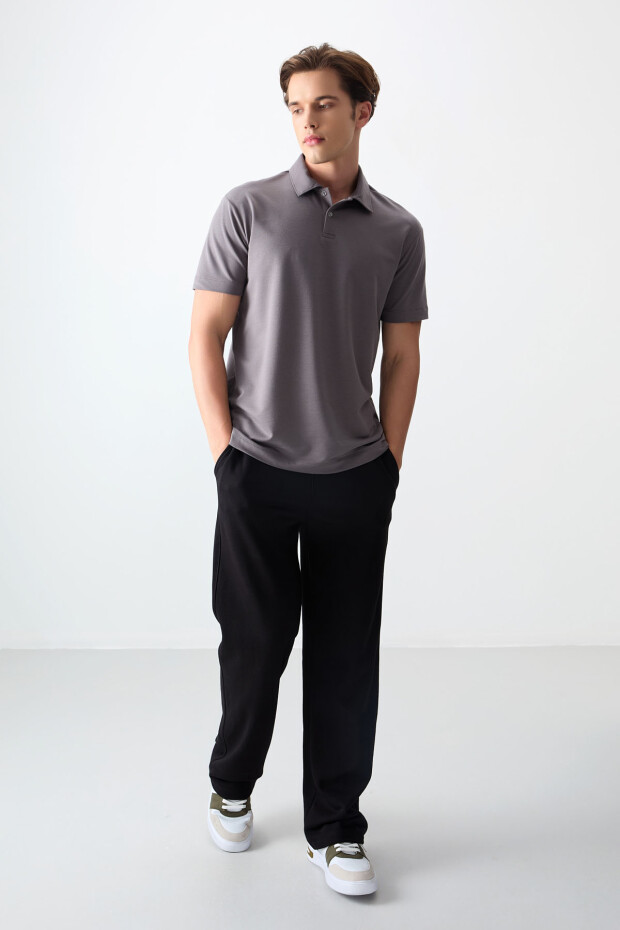 Koyu Gri Pamuklu Kalın Yumuşak Dokulu Polo Yaka Oversize Fit Basic Erkek T- Shirt - 88381 - 3