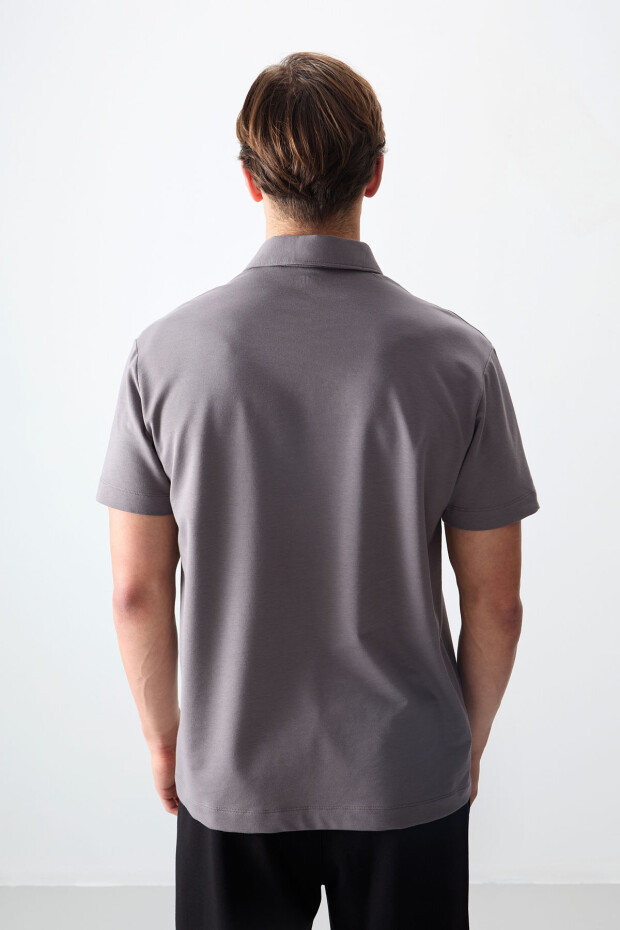 Koyu Gri Pamuklu Kalın Yumuşak Dokulu Polo Yaka Oversize Fit Basic Erkek T- Shirt - 88381