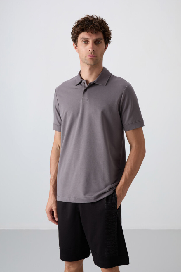 Koyu Gri Pamuklu Kalın Yumuşak Dokulu Standart Fit Basic Polo Yaka Erkek T-Shirt - 88351
