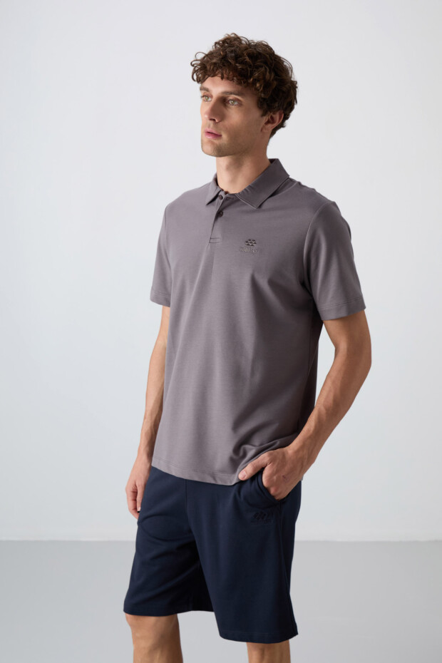 Koyu Gri Pamuklu Kalın Yumuşak Dokulu Standart Fit Basic Polo Yaka Erkek T-Shirt - 88348