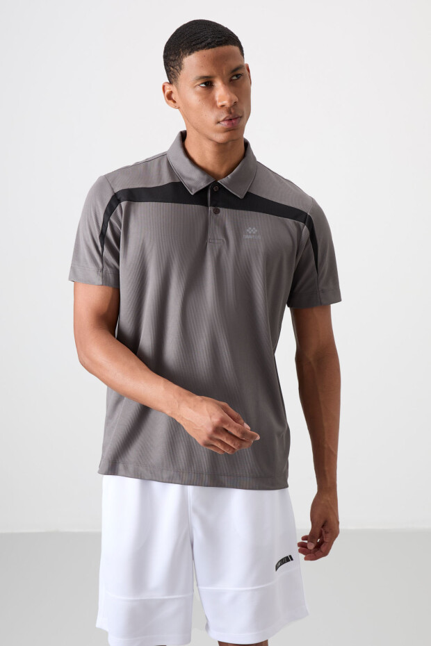 Koyu Gri Nefes Alan Dokulu İnce Esnek Standart Fit Polo Yaka Erkek Performans T-Shirt - 88392 - 4