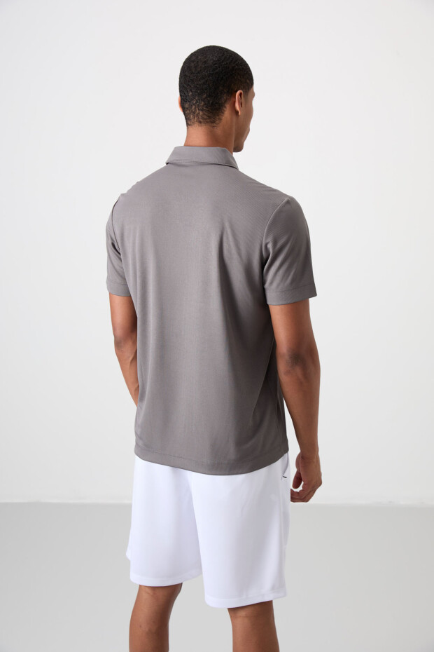 Koyu Gri Nefes Alan Dokulu İnce Esnek Standart Fit Polo Yaka Erkek Performans T-Shirt - 88392 - 5
