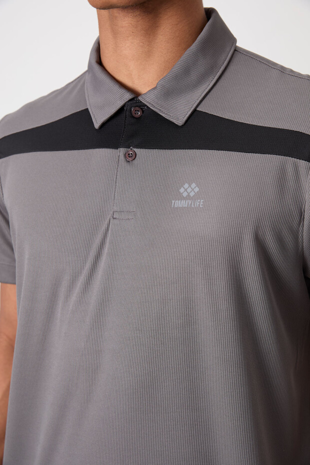 Koyu Gri Nefes Alan Dokulu İnce Esnek Standart Fit Polo Yaka Erkek Performans T-Shirt - 88392 - 3