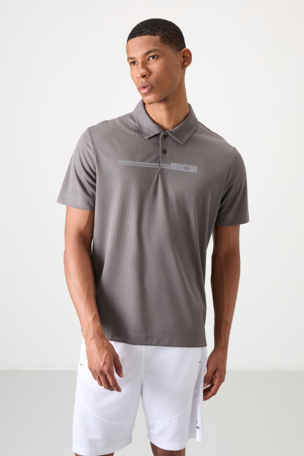 Koyu Gri Nefes Alan Dokulu İnce Esnek Standart Fit Polo Yaka Erkek Performans T-Shirt - 88393 - 4