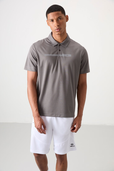 Koyu Gri Nefes Alan Dokulu İnce Esnek Standart Fit Polo Yaka Erkek Performans T-Shirt - 88393 