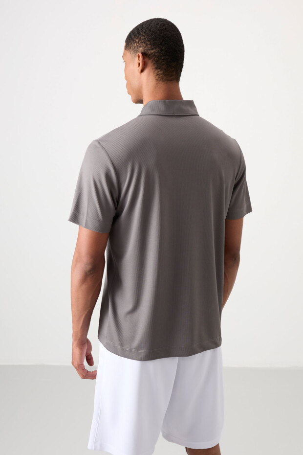 Koyu Gri Nefes Alan Dokulu İnce Esnek Standart Fit Polo Yaka Erkek Performans T-Shirt - 88393 - 5