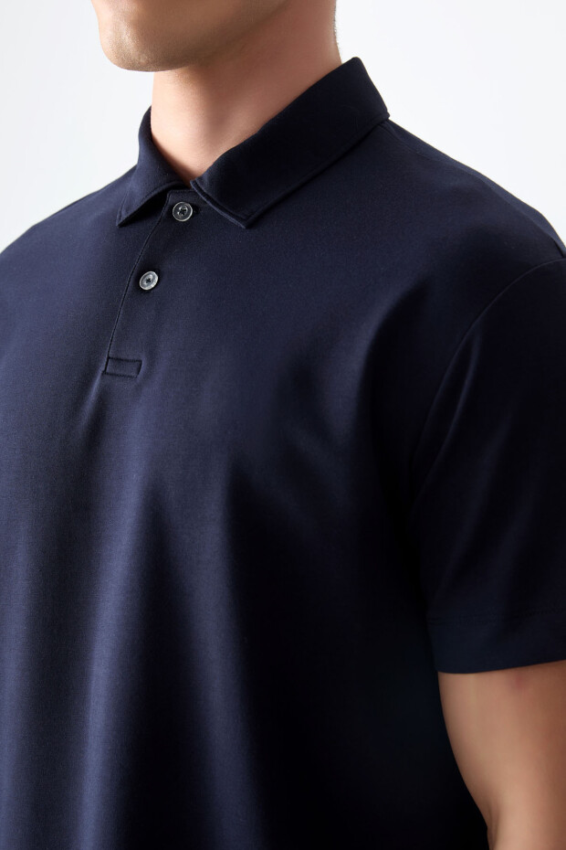 Lacivert Pamuklu Kalın Yumuşak Dokulu Polo Yaka Oversize Fit Basic Erkek T- Shirt - 88381 - 2