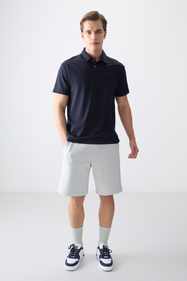 Lacivert Pamuklu Kalın Yumuşak Dokulu Polo Yaka Oversize Fit Basic Erkek T- Shirt - 88381 - 4