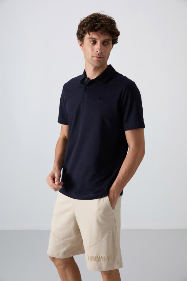 Lacivert Pamuklu Kalın Yumuşak Dokulu Standart Fit Basic Polo Yaka Erkek T-Shirt - 88348