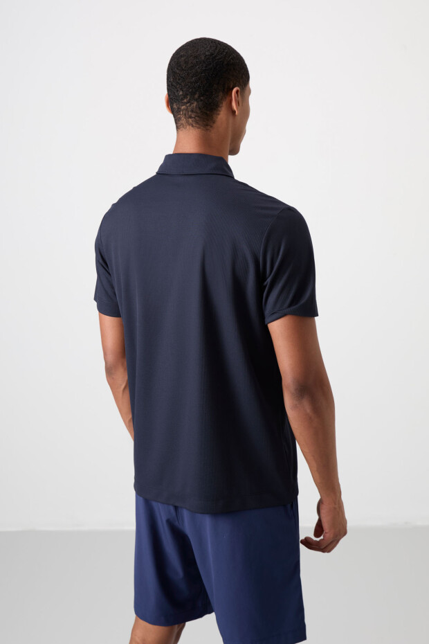 Lacivert Polyester Nefes Alan Dokulu İnce Esnek Standart Fit Polo Yaka Erkek Performans T-Shirt - 88392