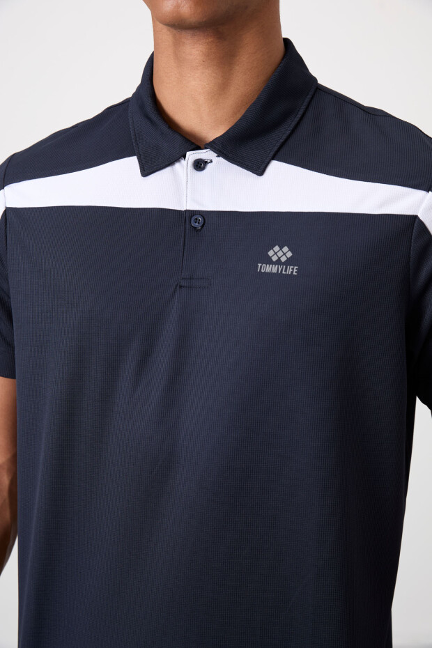 Lacivert Nefes Alan Dokulu İnce Esnek Standart Fit Polo Yaka Erkek Performans T-Shirt - 88392 - 3