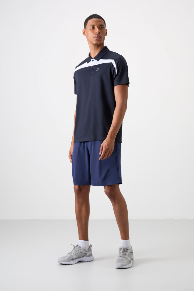 Lacivert Nefes Alan Dokulu İnce Esnek Standart Fit Polo Yaka Erkek Performans T-Shirt - 88392 - 2