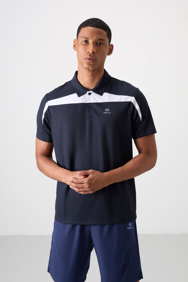 Lacivert Nefes Alan Dokulu İnce Esnek Standart Fit Polo Yaka Erkek Performans T-Shirt - 88392 - 1