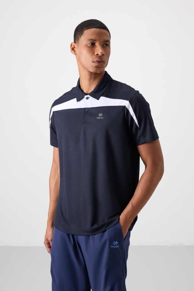 Lacivert Nefes Alan Dokulu İnce Esnek Standart Fit Polo Yaka Erkek Performans T-Shirt - 88392 - 4