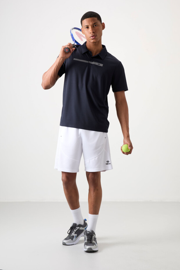 Lacivert Polyester Nefes Alan Dokulu İnce Esnek Standart Fit Polo Yaka Erkek Performans T-Shirt - 88393