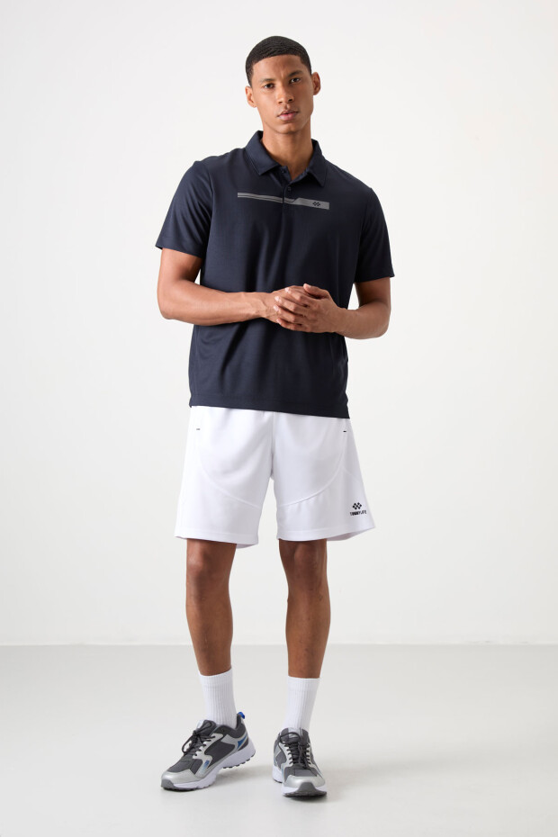 Lacivert Nefes Alan Dokulu İnce Esnek Standart Fit Polo Yaka Erkek Performans T-Shirt - 88393 - 4