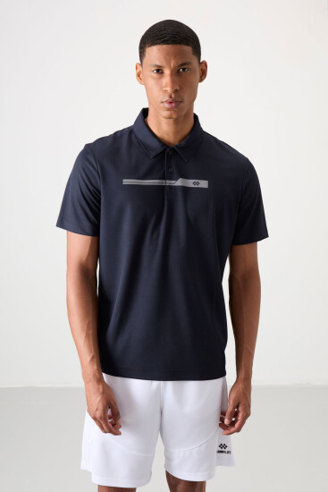 Lacivert Nefes Alan Dokulu İnce Esnek Standart Fit Polo Yaka Erkek Performans T-Shirt - 88393 