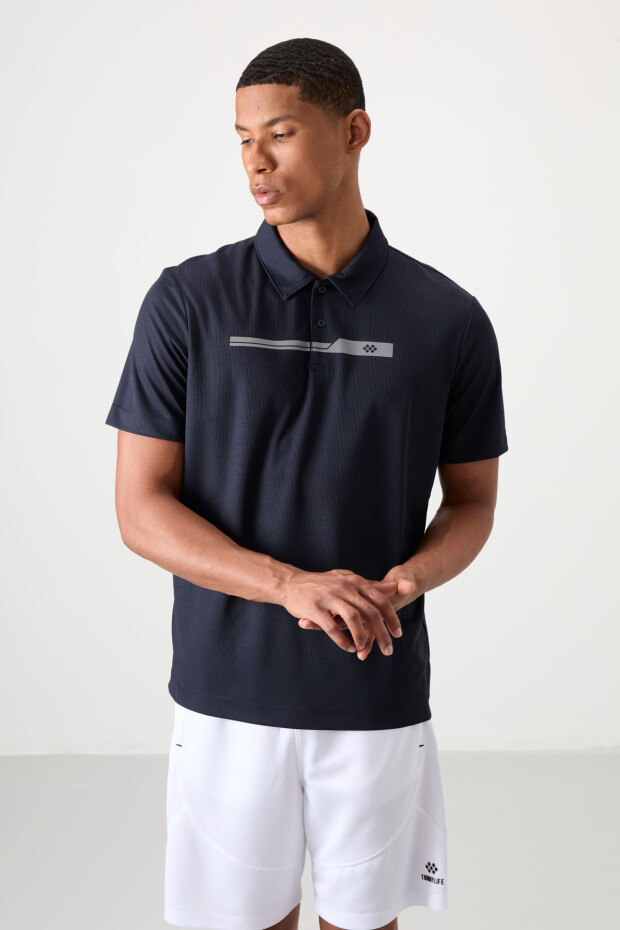 Lacivert Nefes Alan Dokulu İnce Esnek Standart Fit Polo Yaka Erkek Performans T-Shirt - 88393 - 5