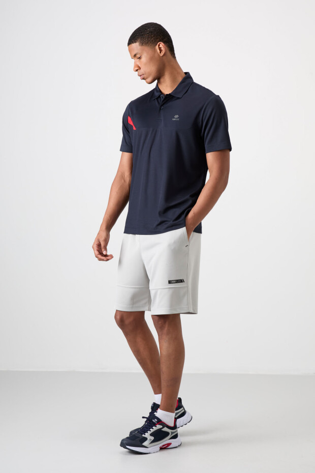 Lacivert Polyester Nefes Alan Dokulu İnce Esnek Standart Fit Polo Yaka Erkek Performans T-Shirt - 88402