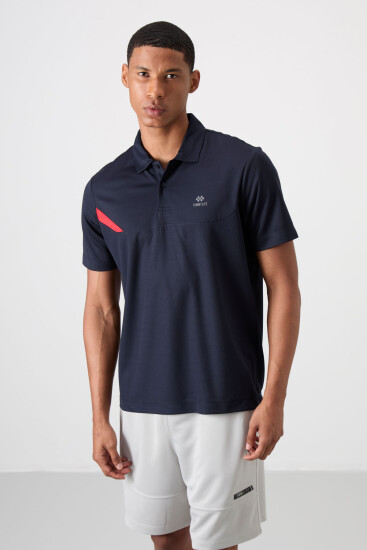 Lacivert Nefes Alan Dokulu İnce Esnek Standart Fit Polo Yaka Erkek Performans T-Shirt - 88402 