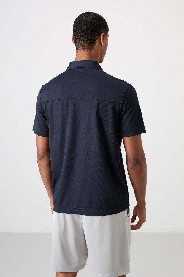 Lacivert Nefes Alan Dokulu İnce Esnek Standart Fit Polo Yaka Erkek Performans T-Shirt - 88402 - 5