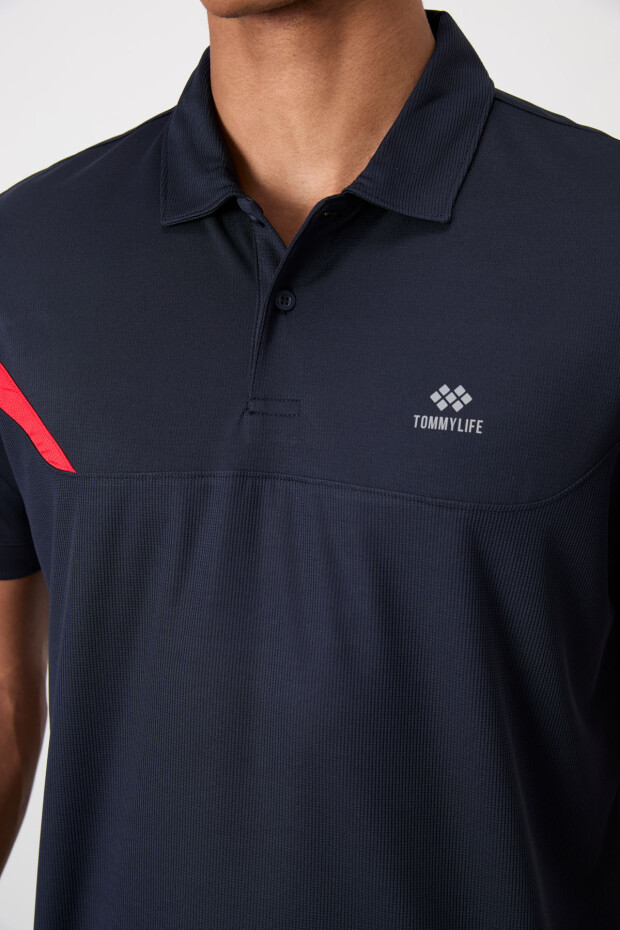 Lacivert Nefes Alan Dokulu İnce Esnek Standart Fit Polo Yaka Erkek Performans T-Shirt - 88402 - 3