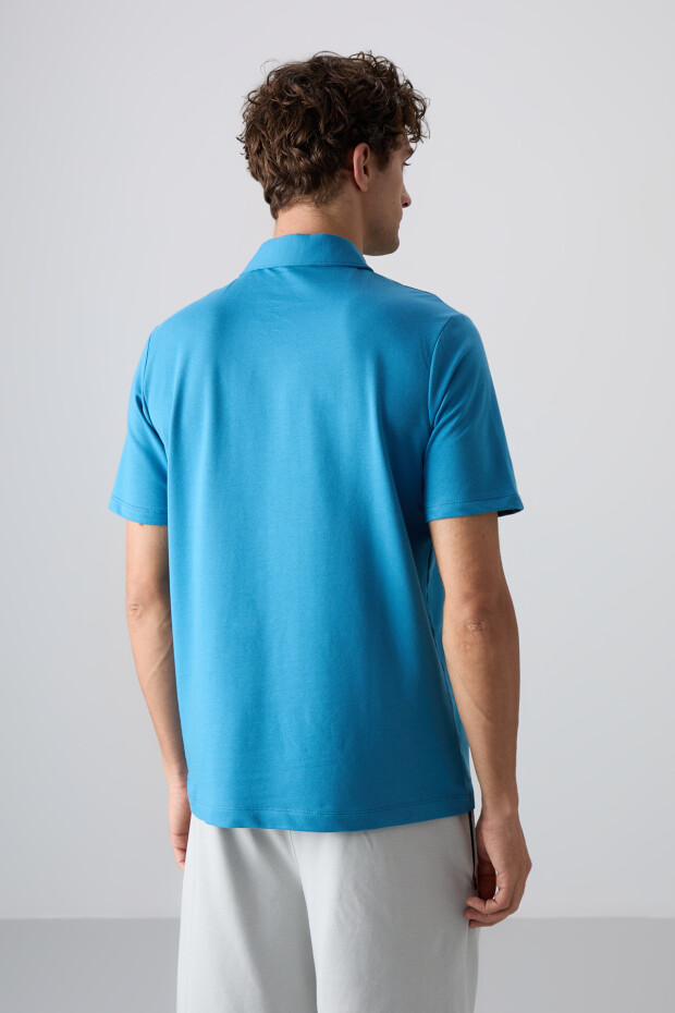 Petrol Mavi Pamuklu Kalın Yumuşak Dokulu Standart Fit Basic Polo Yaka Erkek T-Shirt - 88348 - 5