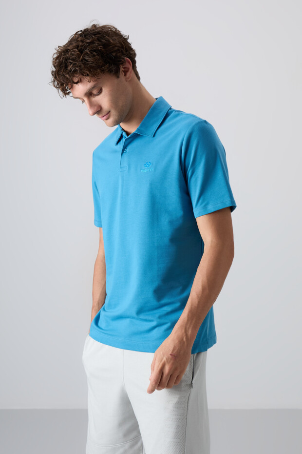 Petrol Mavi Pamuklu Kalın Yumuşak Dokulu Standart Fit Basic Polo Yaka Erkek T-Shirt - 88348 - 1