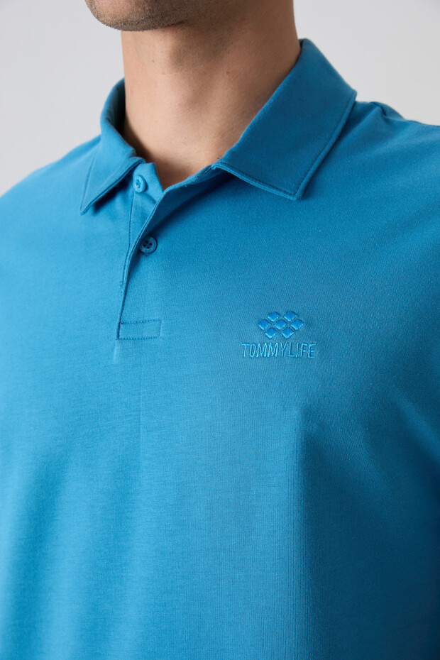 Petrol Mavi Pamuklu Kalın Yumuşak Dokulu Standart Fit Basic Polo Yaka Erkek T-Shirt - 88348 - 3