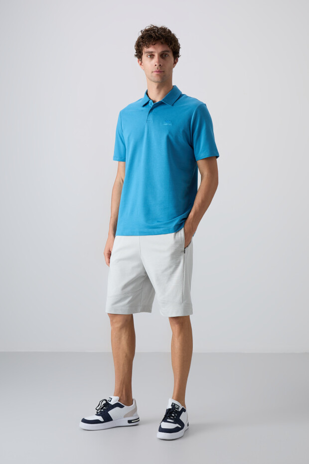 Petrol Mavi Pamuklu Kalın Yumuşak Dokulu Standart Fit Basic Polo Yaka Erkek T-Shirt - 88348 - 4