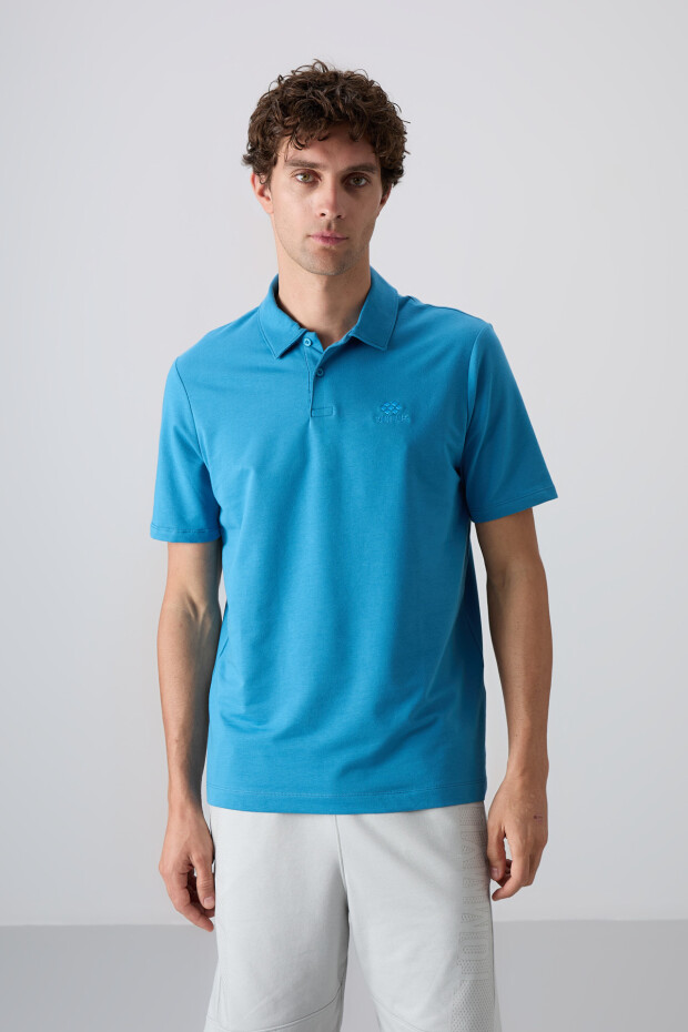 Petrol Mavi Pamuklu Kalın Yumuşak Dokulu Standart Fit Basic Polo Yaka Erkek T-Shirt - 88348