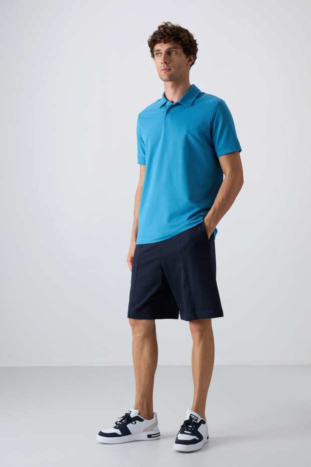 Petrol Mavi Pamuklu Kalın Yumuşak Dokulu Standart Fit Basic Polo Yaka Erkek T-Shirt - 88351