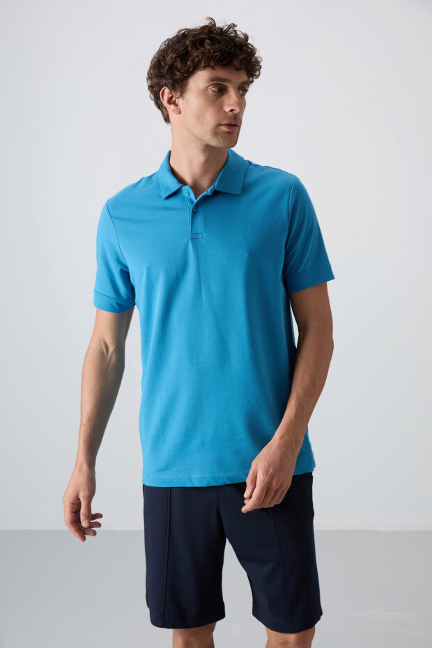 Petrol Mavi Pamuklu Kalın Yumuşak Dokulu Standart Fit Basic Polo Yaka Erkek T-Shirt - 88351