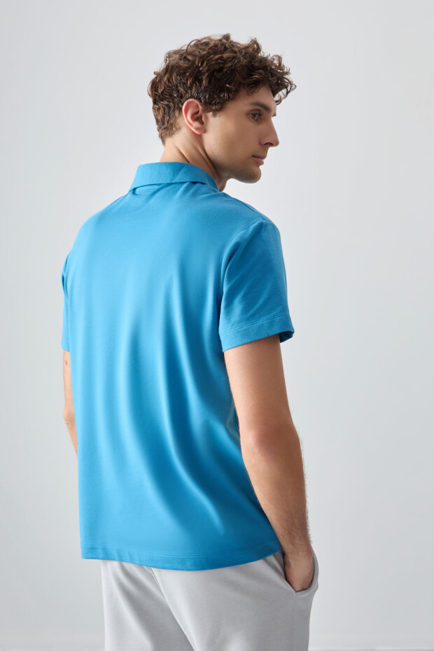 Petrol Mavi Pamuklu Kalın Yumuşak Dokulu Polo Yaka Oversize Fit Basic Erkek T- Shirt - 88381 - 5