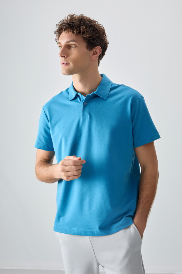 Petrol Mavi Pamuklu Kalın Yumuşak Dokulu Polo Yaka Oversize Fit Basic Erkek T- Shirt - 88381 - 1