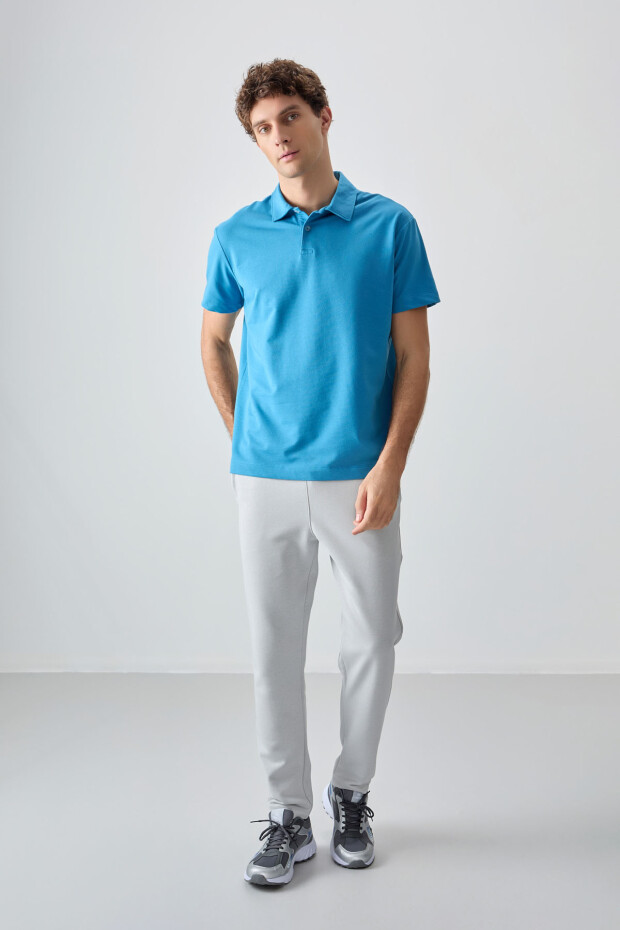 Petrol Mavi Pamuklu Kalın Yumuşak Dokulu Polo Yaka Oversize Fit Basic Erkek T- Shirt - 88381 - 3