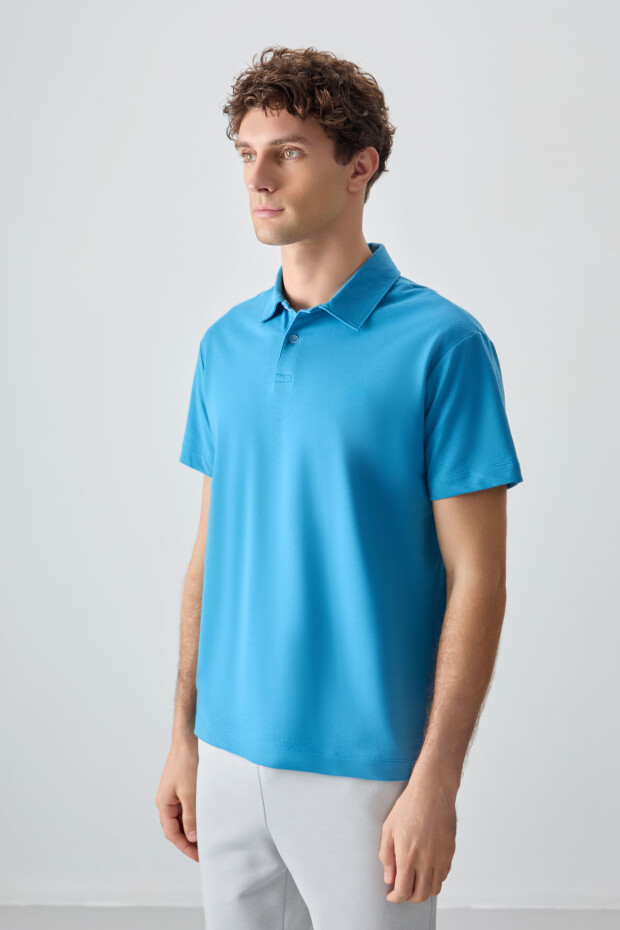 Petrol Mavi Pamuklu Kalın Yumuşak Dokulu Polo Yaka Oversize Fit Basic Erkek T- Shirt - 88381 - 4