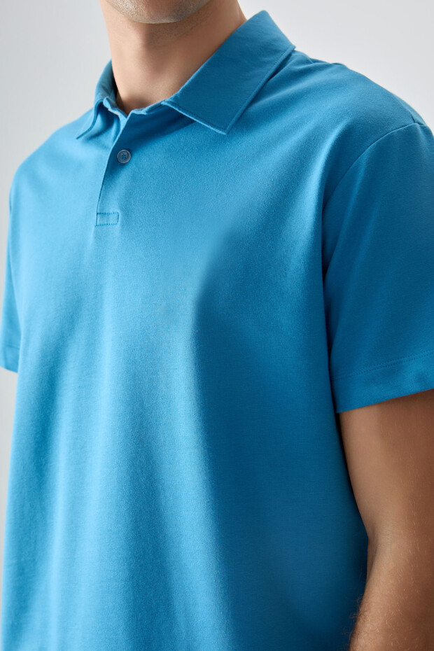 Petrol Mavi Pamuklu Kalın Yumuşak Dokulu Polo Yaka Oversize Fit Basic Erkek T- Shirt - 88381 - 2