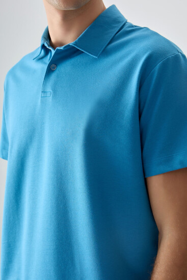 Petrol Mavi Pamuklu Kalın Yumuşak Dokulu Polo Yaka Oversize Fit Basic Erkek T- Shirt - 88381 - Thumbnail