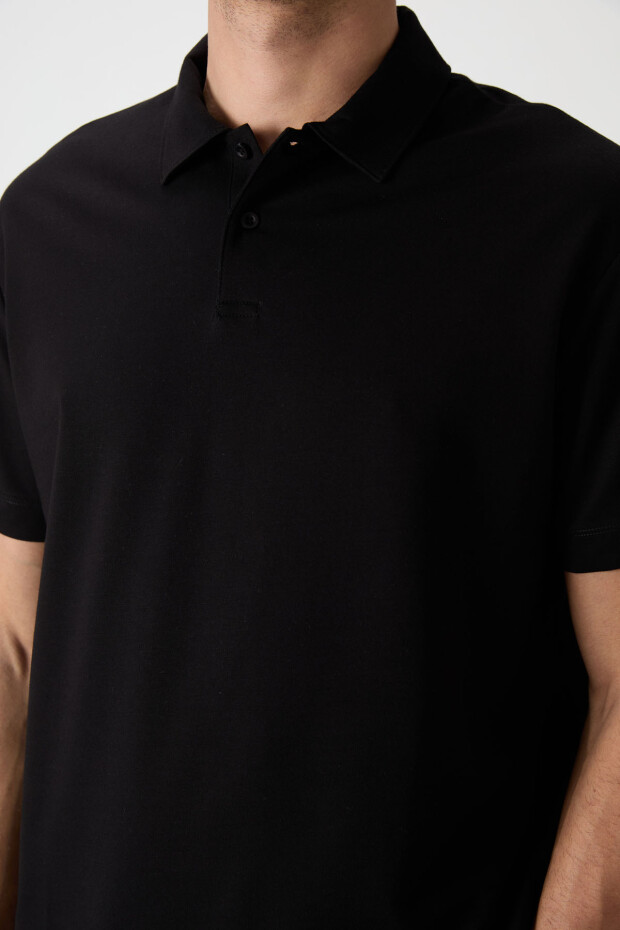 Siyah Pamuklu Kalın Yumuşak Dokulu Polo Yaka Oversize Fit Basic Erkek T- Shirt - 88381 - 2