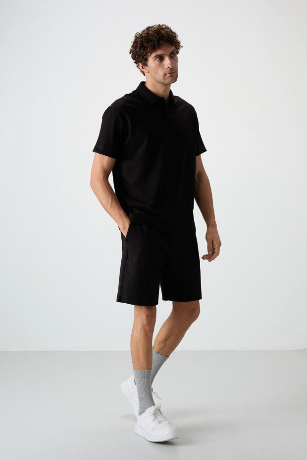 Siyah Pamuklu Kalın Yumuşak Dokulu Polo Yaka Oversize Fit Basic Erkek T- Shirt - 88381 - 3