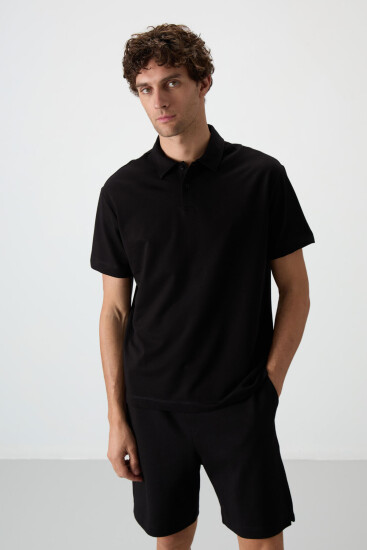 Siyah Pamuklu Kalın Yumuşak Dokulu Polo Yaka Oversize Fit Basic Erkek T- Shirt - 88381 - Thumbnail