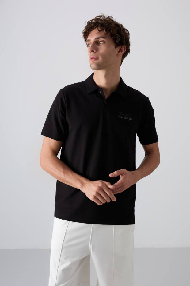 Siyah Pamuklu Kalın Yumuşak Dokulu Standart Fit Baskılı Polo Yaka Erkek T-Shirt - 88346