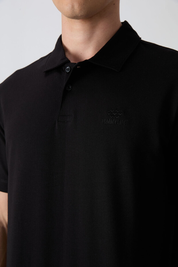 Siyah Pamuklu Kalın Yumuşak Dokulu Standart Fit Basic Polo Yaka Erkek T-Shirt - 88348 - 3