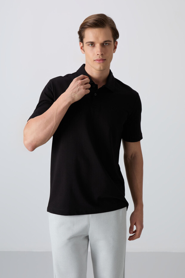 Siyah Pamuklu Kalın Yumuşak Dokulu Standart Fit Basic Polo Yaka Erkek T-Shirt - 88348 - 4