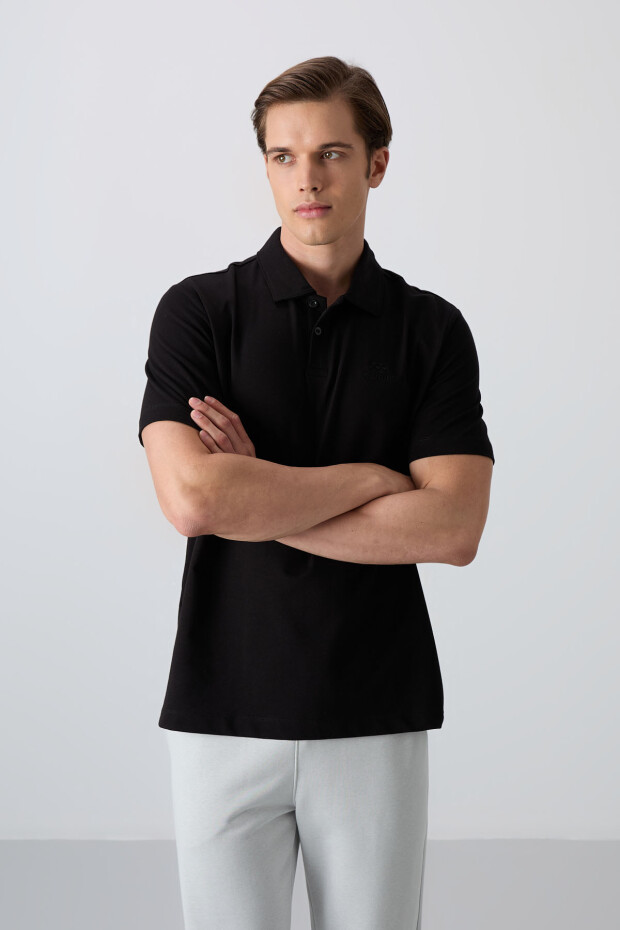 Siyah Pamuklu Kalın Yumuşak Dokulu Standart Fit Basic Polo Yaka Erkek T-Shirt - 88348
