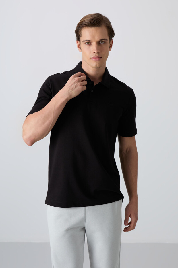 Siyah Pamuklu Kalın Yumuşak Dokulu Standart Fit Basic Polo Yaka Erkek T-Shirt - 88348