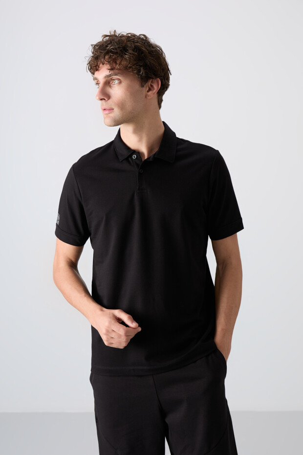 Siyah Pamuklu Kalın Yumuşak Dokulu Standart Fit Basic Polo Yaka Erkek T-Shirt - 88351