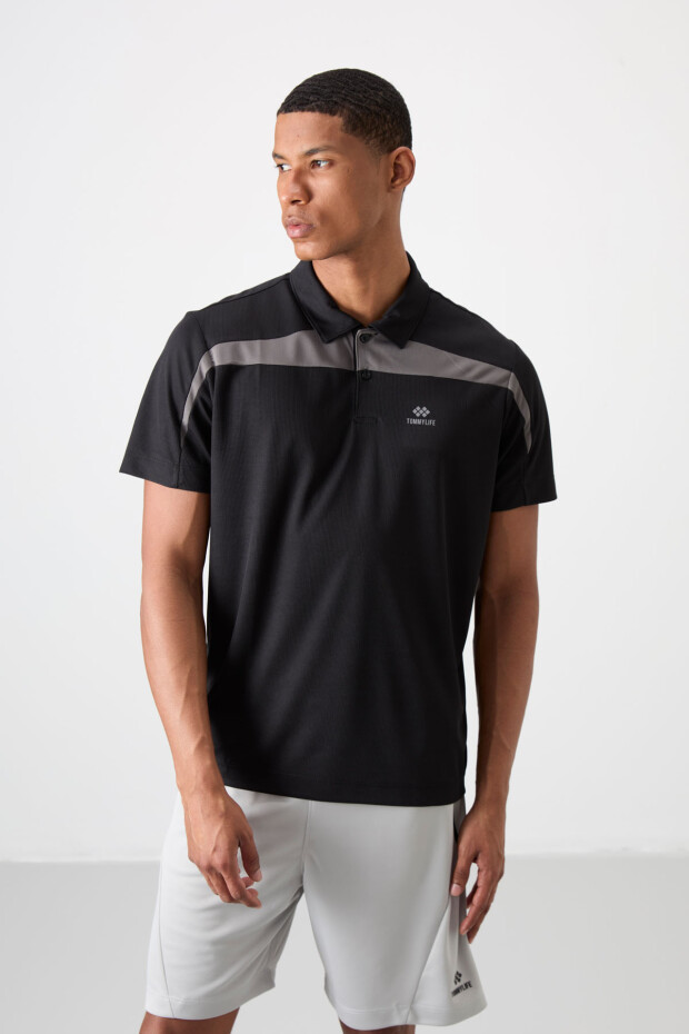 Siyah Polyester Nefes Alan Dokulu İnce Esnek Standart Fit Polo Yaka Erkek Performans T-Shirt - 88392
