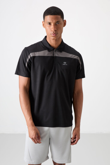 Siyah Nefes Alan Dokulu İnce Esnek Standart Fit Polo Yaka Erkek Performans T-Shirt - 88392 